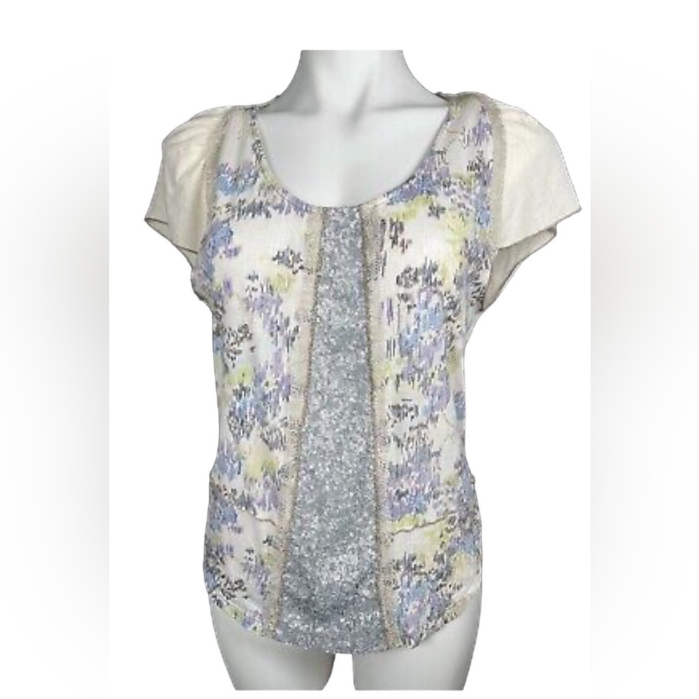 Anthropologie Tiny Laser Stripe Floral Sequin Tee